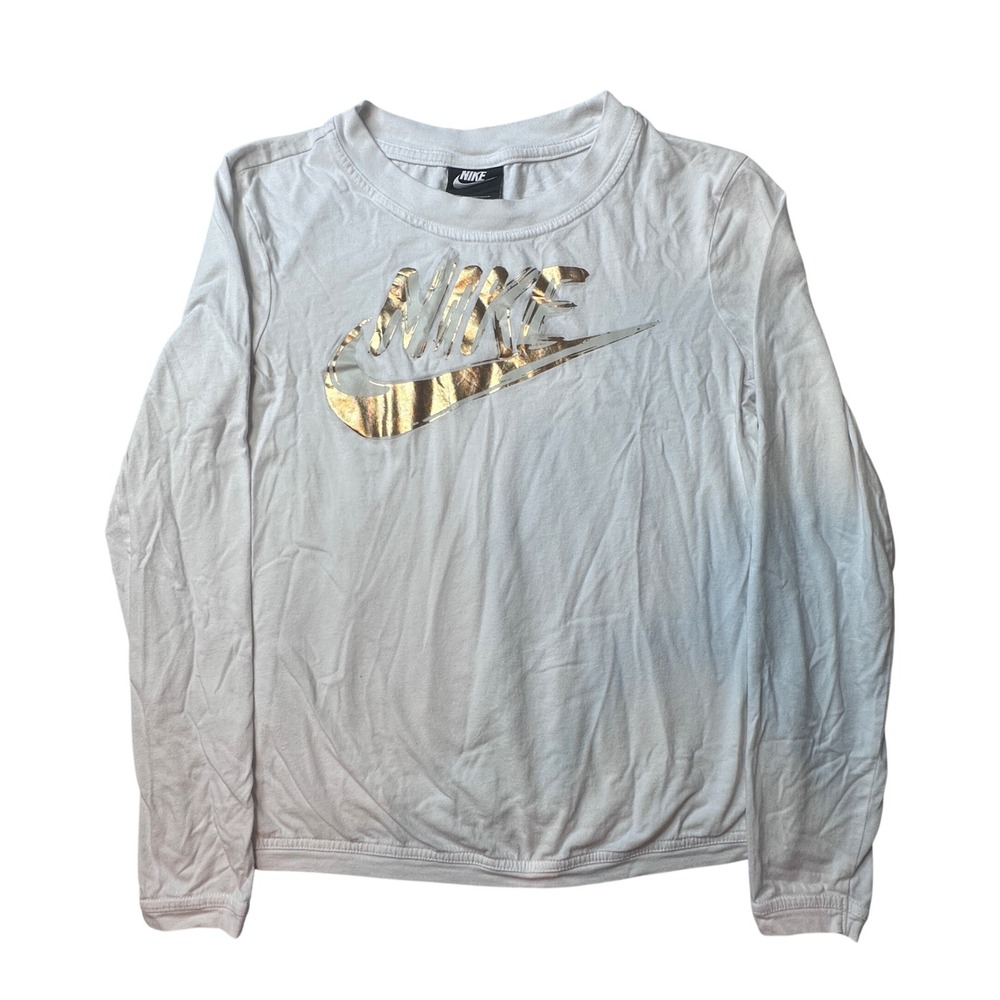 Nike Shirt Girls XS 939348-100 White Long Sleeve Rose Gold Foil Graphic Logo